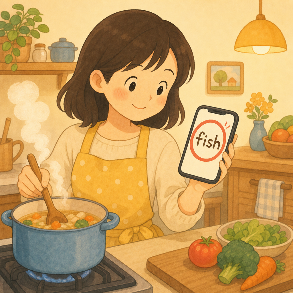 夕食を作りながらスマホで子どもの手書きを丸つけする様子